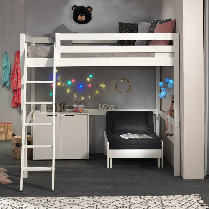 White 4ft6 Double High Sleeper with Futon & 2 Door Cupboard by Vipack Pino  (6067710623897)