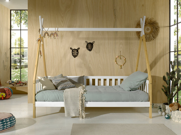 Natural Tipi Single Bed with Fence and Drawer - Jellybean 