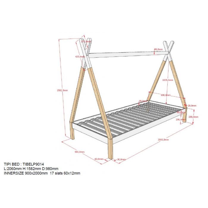 Tipi bed with drawer in natural wood - Jellybean 
