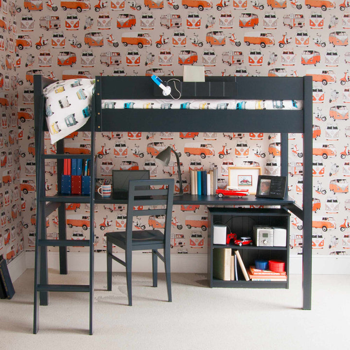 Little Folks Furniture - Fargo High Sleeper with Full Length Desk - Painswick Blue - Jellybean 
