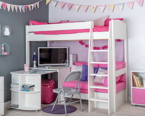 Stompa - UNOS Highsleeper with Pink Sofa, Fixed Desk & Pull out Desk (5894326354073)