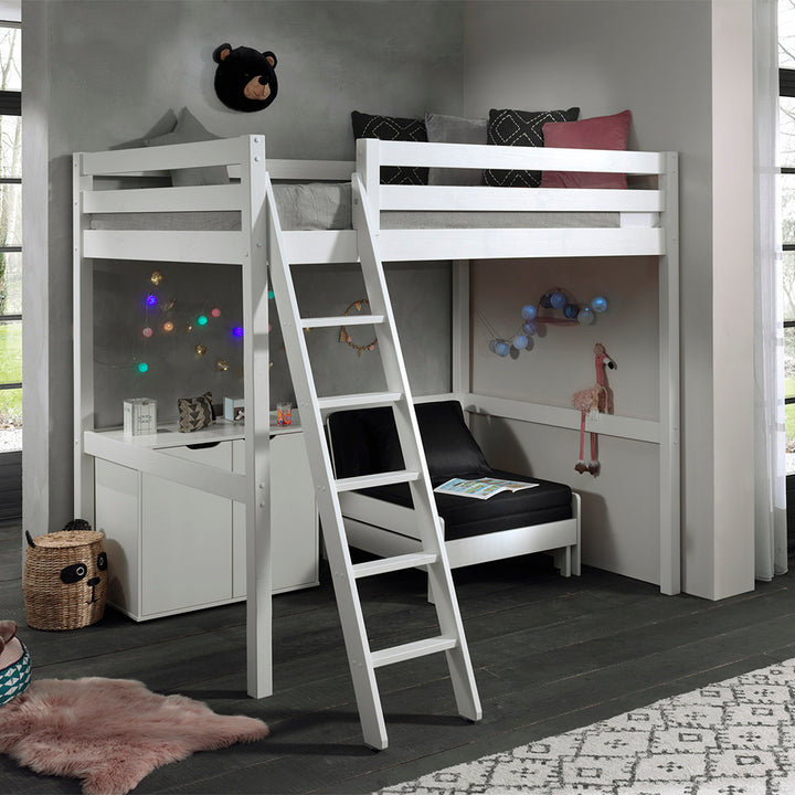 White 4ft6 Double High Sleeper with Futon & 2 Door Cupboard by Vipack Pino  (6067710623897)