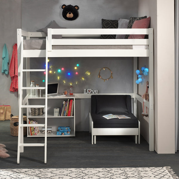 White 4ft6 Double High Sleeper with Futon and Bookcase by Vipack Pino (6069494677657)