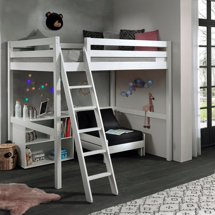White 4ft6 Double High Sleeper with Futon and Bookcase by Vipack Pino (6069494677657)