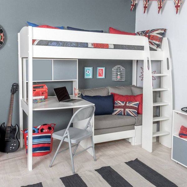 Stompa - UNOS Highsleeper with Grey Sofa, Fixed Desk & Hutch (5894326616217)
