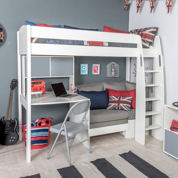 Stompa - UNOS Highsleeper with Grey Sofa, Fixed Desk & Hutch (5894326616217)