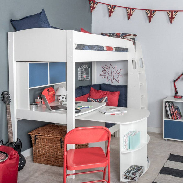 Stompa - UNOS Highsleeper with Blue Sofa, Fixed Desk, Pull out Desk & Hutch (5894326681753)