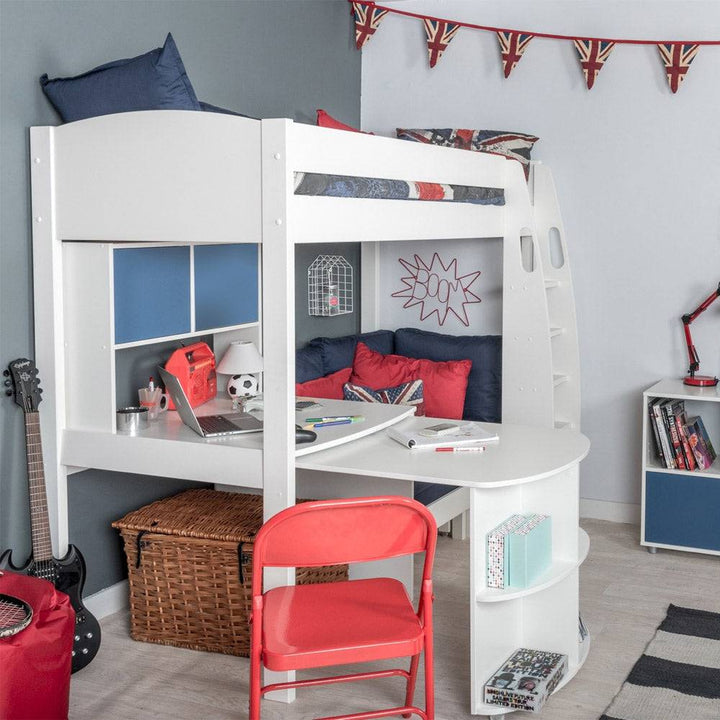 Stompa - UNOS Highsleeper with Blue Sofa, Fixed Desk, Pull out Desk & Hutch (5894326681753)