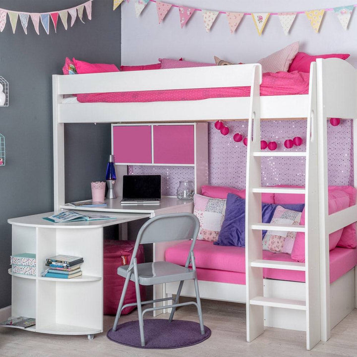 Stompa - UNOS Highsleeper with Pink Sofa, Fixed Desk, Pull out Desk & Hutch (5894326714521)