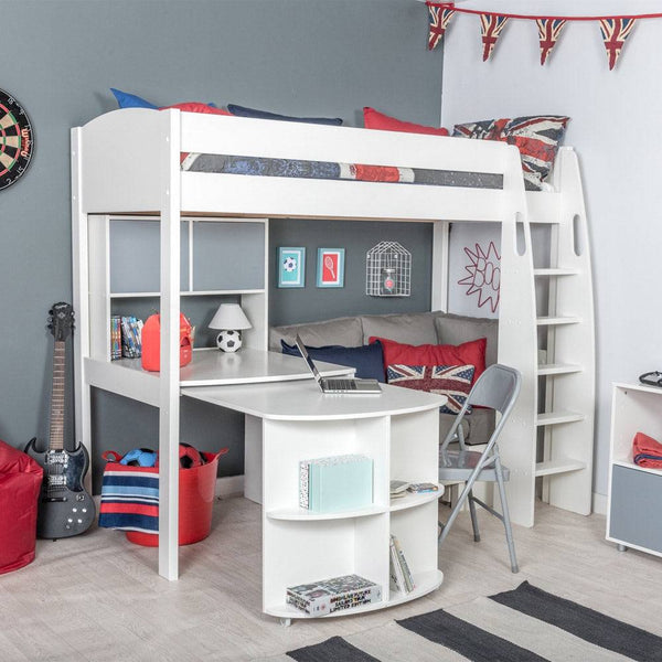 Stompa - UNOS Highsleeper with Grey Sofa, Fixed Desk, Pull out Desk & Hutch (5894326780057)