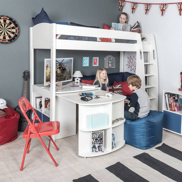 Stompa - UNOS Highsleeper with Blue Sofa, Fixed Desk, Storage Cube & Pull out Desk - Colour Options Available (5934571389081)
