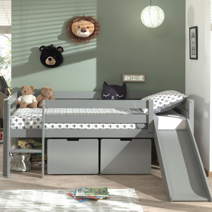 Pino Midsleeper Ladder Grey With 2 Drawers and Slide - Jellybean 