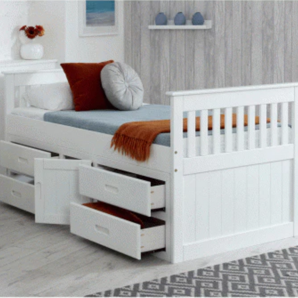 Beds Plus - Captain Single Bed with Storage - White - Jellybean 
