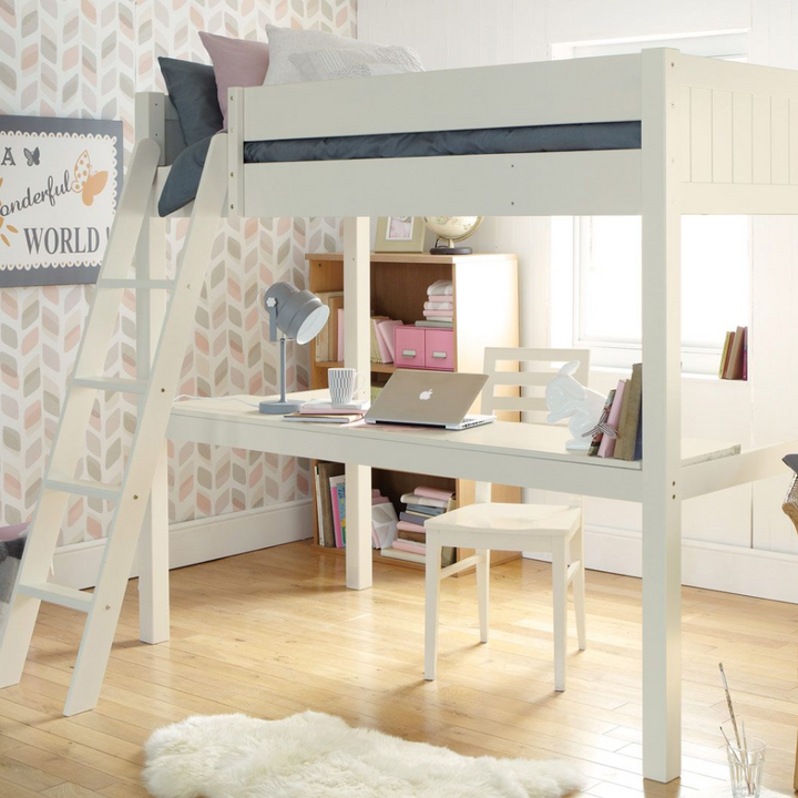Little Folks Furniture - Fargo High Sleeper with Full Length Desk - Ivory White - Jellybean 