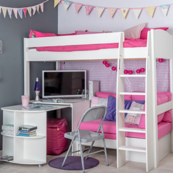 Stompa - UNOS Highsleeper with Pink Sofa, Fixed Desk & Pull out Desk - Jellybean 
