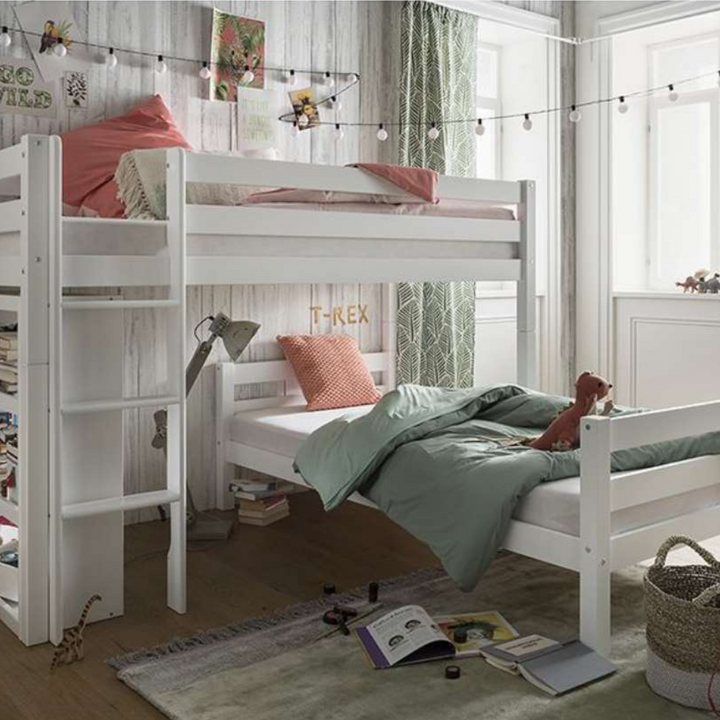 Kidz Beds Beni L Bunk Bed w/ Bookcase in White - Jellybean 
