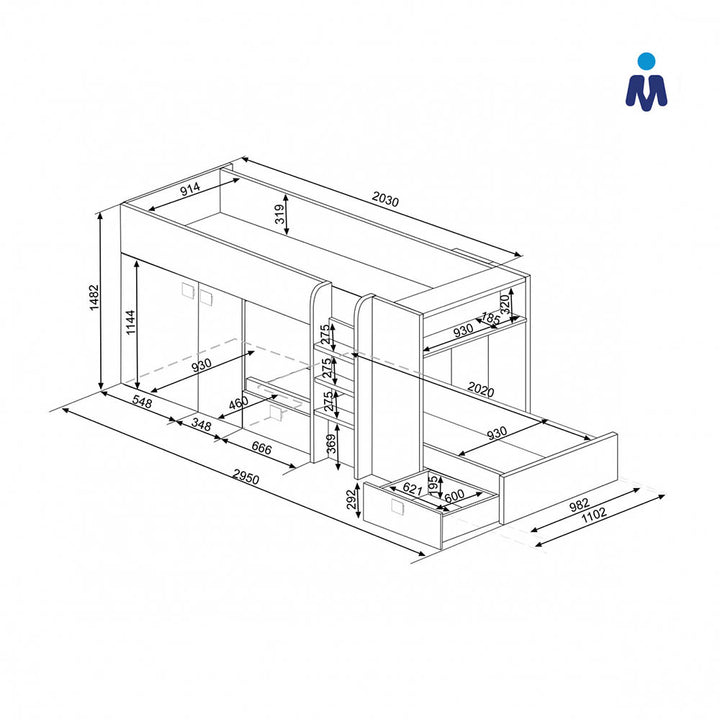 Antracite Pino Bunk Beds Antracite with Wardrobe and Storage by Trasman (5894304071833)