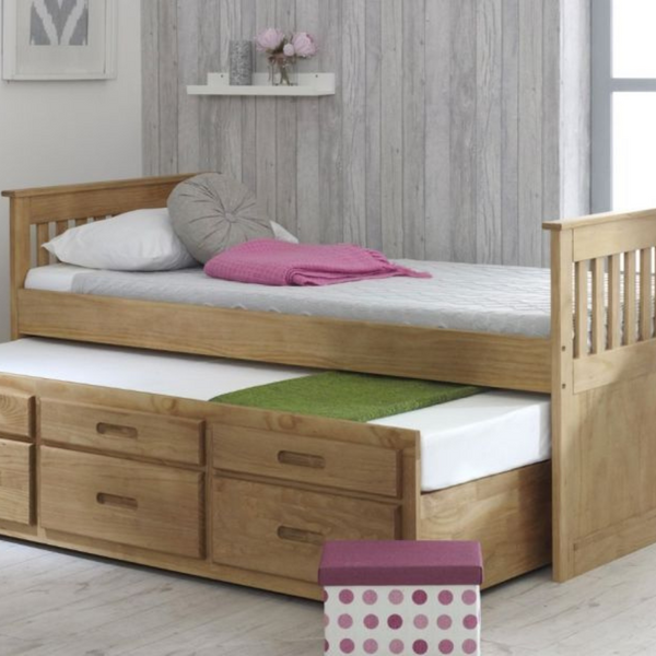 Beds Plus - Captain Single Bed with Trundle & Storage - Waxed Natural - Jellybean 