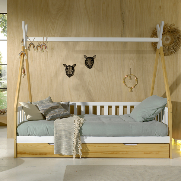 Natural Tipi Single Bed with Fence and Drawer - Jellybean 