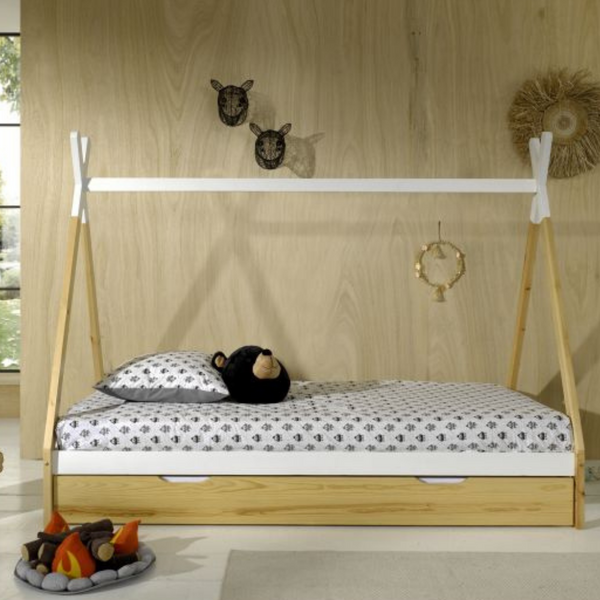 Tipi bed with drawer in natural wood - Jellybean 